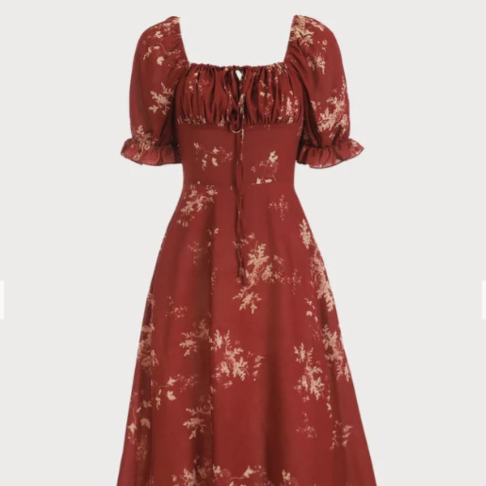 Red Square Neck Floral Midi Dress
